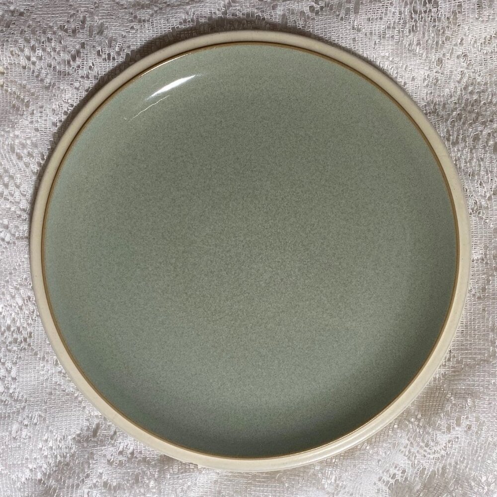 DENBY-LANGLEY Green Celadon Dinner Plate -  Tan Ring, Celadon Center